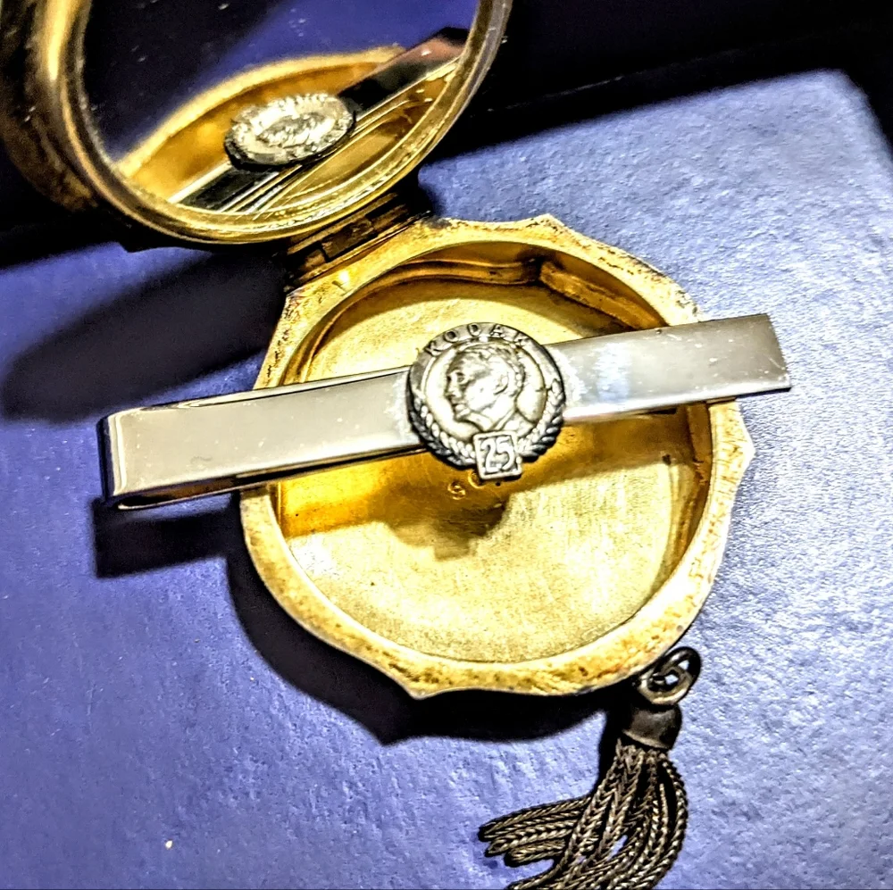 Vtg 1954 sterling silver Kodak 25 years coin tie clip antique
